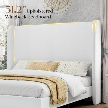 Queen Bed Frame Linen Upholstered 51.2" Tall Headboard, White, view 4