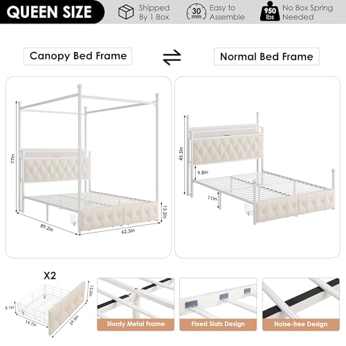 Queen Size LED Canopy Bed Frame with Storage & Charging Station,Beige, view 3