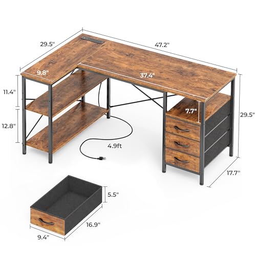 L Shaped Office Desk with Power Outlets & 3 Drawers, view 4