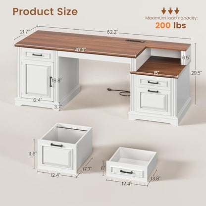 Farmhouse Executive Desk, 62'' Home Office Desk with File Drawers, view 3