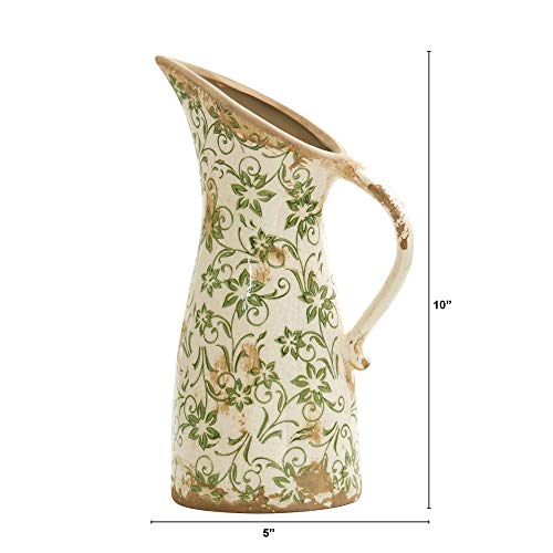 10in. Tuscan Ceramic Pitcher Vase, Green Scroll Design, Decorative Flower Vase for Home Decor, Living Room, Mantel & Entryway