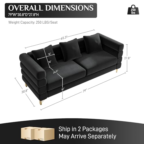 Cloud Couch for Living Room, 79" Modern Overstuffed Deep Seat Velvet 3 Seater Sofa with 3 Pillows, Comfy Upholstered Oversized Loveseat for Bedroom Office, Jet Black Velvet
