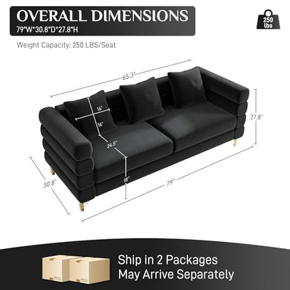 Cloud Couch for Living Room, 79" Modern Overstuffed Deep Seat Velvet 3 Seater Sofa with 3 Pillows, Comfy Upholstered Oversized Loveseat for Bedroom Office, Jet Black Velvet