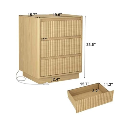 (Set of 2) End Table with Fast USB C Charging Station, Sofa Side Table with 3Drawers, Large Storage Modern Wood Storage Cabinet for Living Room,Bedroom,Office, Natura