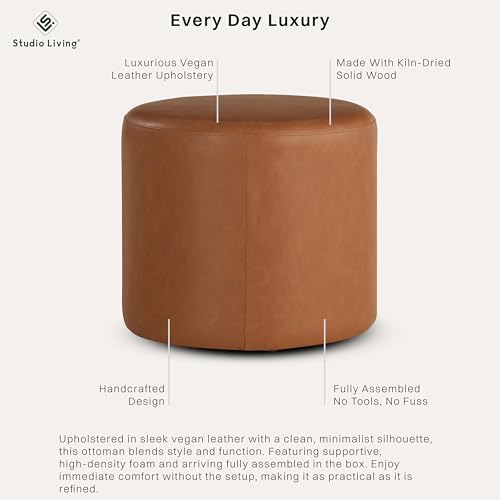 Lifestyle Solutions 19” Wentworth Ottoman Round Faux Leather Bench, Stationary Ottomans, Backless Chair, Footrest for Living Room, Footstool Office, Bedroom, Padded Seat, Caramel Brown