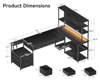 79 inch L Shaped Desk with 5 Drawers, LED Light & 2 Power Outlets, view 3