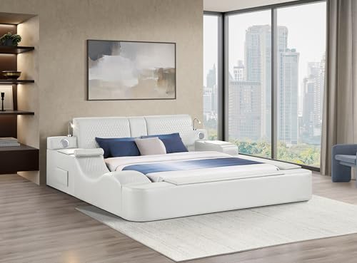 King Size Beige Leather Bed with Massage Recliner, view 4