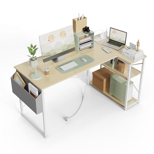 L-Shaped Computer Desk with Power Outlets, Reversible Shelves, view 2