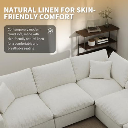 Modern Sectional Linen Couch for Living Room V-Shape Sofas,5 Seat Modular Cloud Sofas,Couches Cushion Covers Removable,Cozy Feather Down Sofa for Apartment Cream White