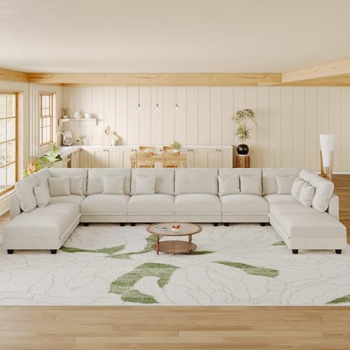 163" Modular Sectional Sofa with Storage, U Shaped 10-Seat Pet-Friendly Corduroy Couch with 10 Throw Pillows, Oversized Convertible Sofa Set for Living Room & Large Space, Beige