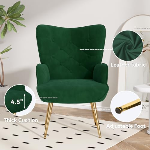 Mid Century Modern Velvet Accent Chair, Tufted Button High Back Chair, Upholstered Wingback Armchair with Metal Legs, High Back Side Chair for Living Room Bedroom, Green