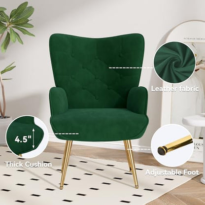 Mid Century Modern Velvet Accent Chair, Tufted Button High Back Chair, Upholstered Wingback Armchair with Metal Legs, High Back Side Chair for Living Room Bedroom, Green