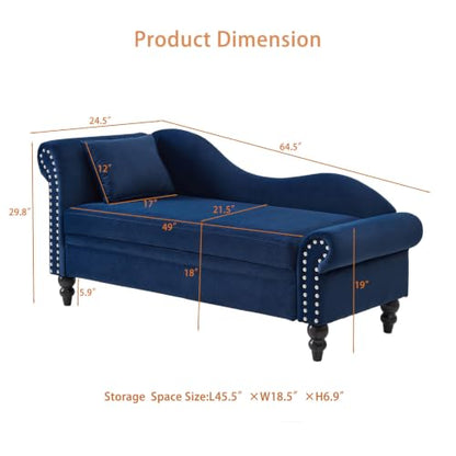 64.5" Velvet Chaise Lounge Chair Indoor with Storage, Navy Blue, view 3