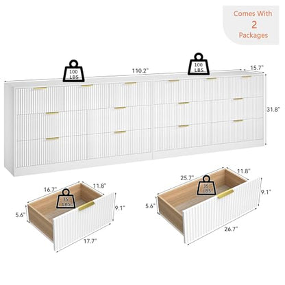 White Dresser Set of 2, Long Dresser for Bedroom Wooden with 14 Drawers, Fluted Modern Bedroom Furniture Set, TV Stand Dressers & Chests of Drawers for Closet (15.7"D x 110.2"W x 31.8"H)