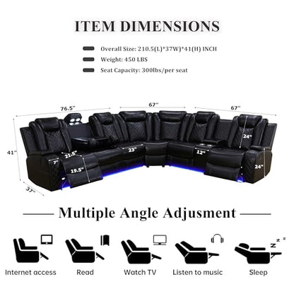 Power Reclining Sectional Sofa, Black Leather Recliner Corner Couch, Air Leather Sectional Living Room Funiture Set LED Lights/USB Port/Cup Holder for Living Room/Apartment/Office