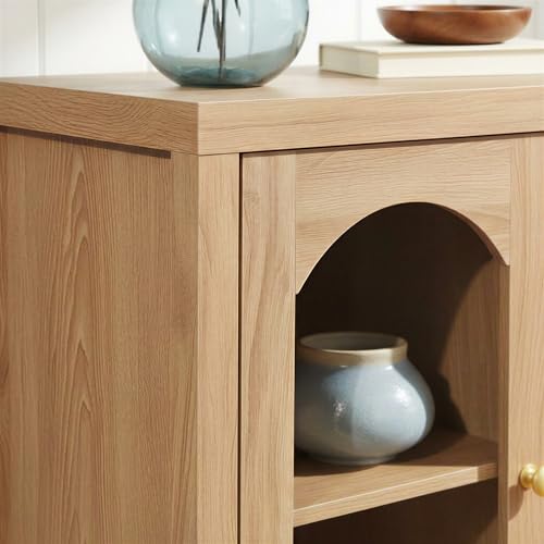 Sasha Modern Arched Glass Cabinet with Brass Hardware, 30 Inch, English Oak