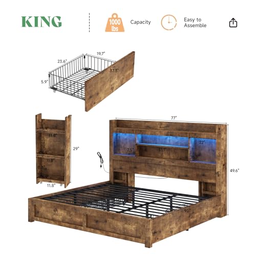 King Bed Frame with Bookcase Headboard & Storage, Rustic Brown, view 3