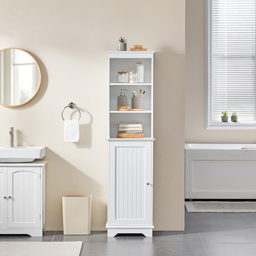Yaheetech Tall Slim Storage Cabinet with 3 Shelves & Door, Freestanding Linen Cabinet for Bathroom, Living Room, Entryway, 16 x 12 x 60.5 Inches, White
