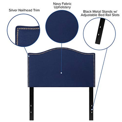 Lexington Upholstered Twin Size Headboard with Accent Nail Trim in Navy Fabric