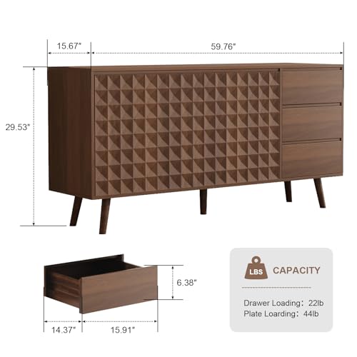 60" Buffet Cabinet with 3 Drawers and 2 Doors, Dark Brown, view 4