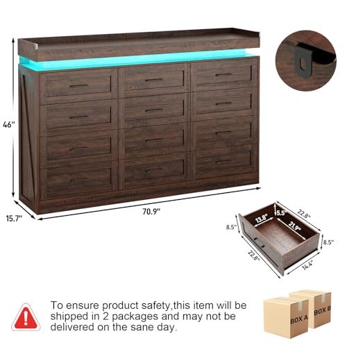71" Wide 46" Tall Large Farmhouse 12 Drawers Dresser for Bedroom with LED Light, view 3