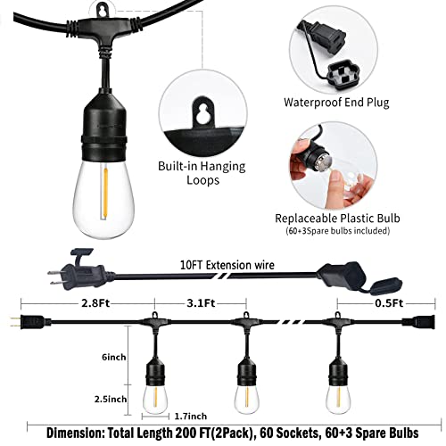200FT String Lights for Outside LED Patio Lights Outdoor Waterproof with 63, view 4