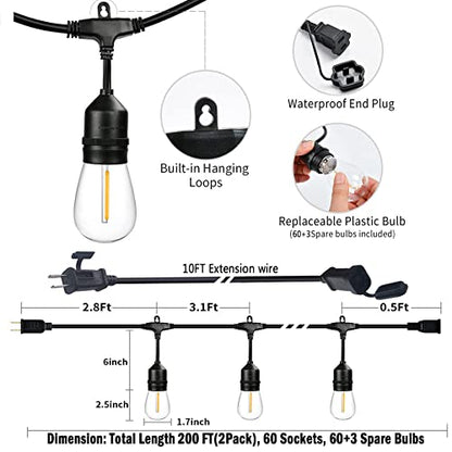 200FT String Lights for Outside LED Patio Lights Outdoor Waterproof with 63, view 4