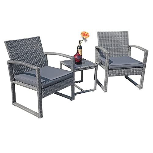 3 Piece Outdoor Patio Furniture Conversation Set, Rattan Chair Set With Coffee Table, For Garden, Balcony, Backyard, Poolside (Dark Grey)