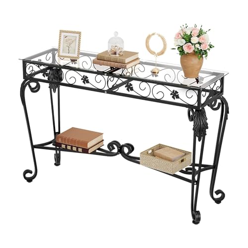 Console Table 47.2", Tempered Glass Sofa Tables, Vintage Entryway Table with Metal Frame, Console Tables for Living Room, Entrance, Foyer, Adjustable Feet (Black)