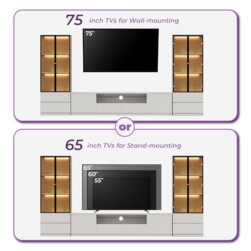 126" White Modern Entertainment Center with Bookshelves for 75 inch TVs, view 7