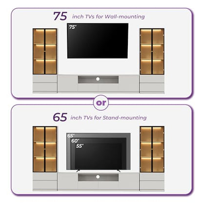 126" White Modern Entertainment Center with Bookshelves for 75 inch TVs, view 7