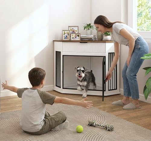 44.6'' Corner Dog Crate Furniture, Wooden Dog Crate with Storage Drawer, view 7
