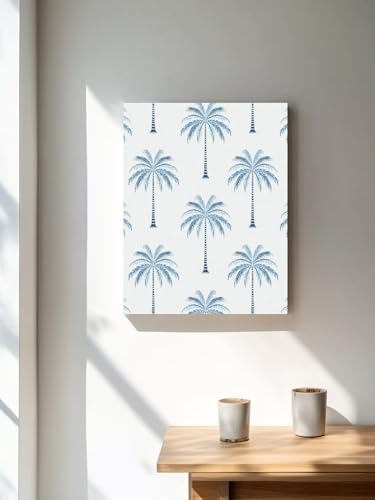 NuYeBiofx Summer Palm Tree Seamless Canvas Wall Art Prints,48"x32" Framed Picture Artwork Beach Navy Blue Botanical Printed Canvas Oil Painting for Living Room Bedroom Office,Ready to Hang