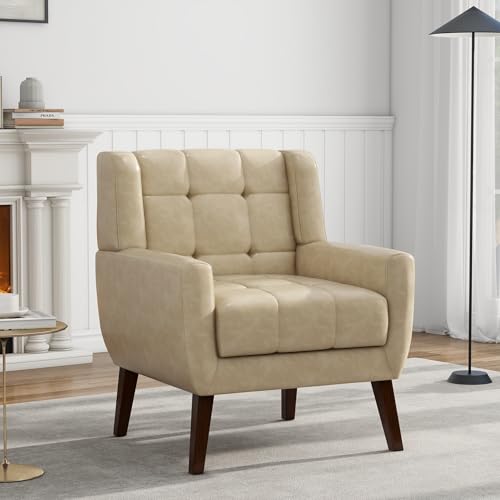 Faux Leather Accent Chair, Modern Upholstered Club Arm Chair for Living Room, Comfy Armchair Single Sofa Seat with Solid Wooden Legs (Cream)