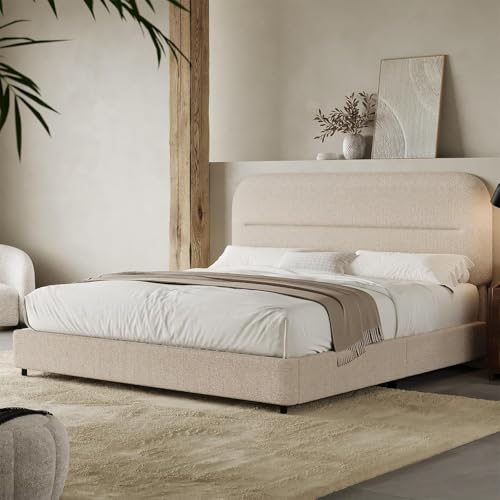 Queen Size Cloud Bed Frame, Beige Plush Boucle Upholstered Bed, view 2