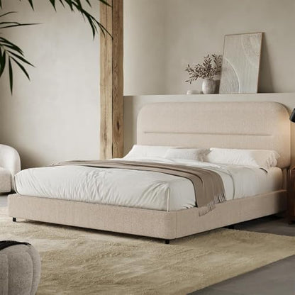 Queen Size Cloud Bed Frame, Beige Plush Boucle Upholstered Bed, view 2