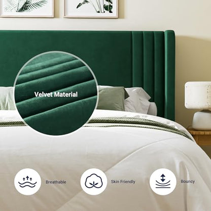 Queen Size Velvet Platform Bed Frame, Tall Wingback Headboard, Green, view 6