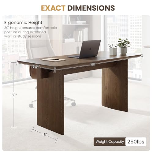 55" Modern Minimalist Desk Spacious Home Office Desk with Sturdy Two-Pedestal Design Natural Walnut Finish for Work, Study & Gaming