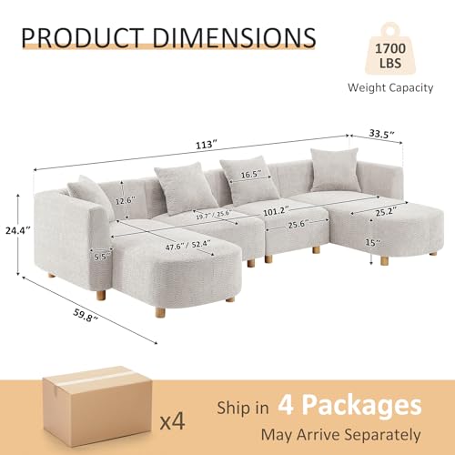 113" U-Shaped Sectional Sofa with 4-Seater, 4 Pillows, Light Khaki, view 3