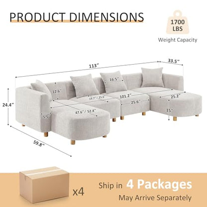 113" U-Shaped Sectional Sofa with 4-Seater, 4 Pillows, Light Khaki, view 3