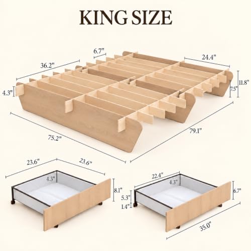 King Japanese Bed Frame with Storage, Wood Platform Bed Frame, view 3