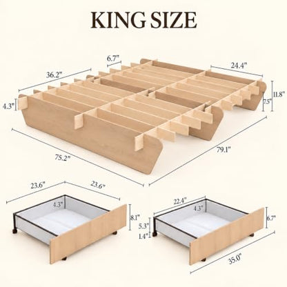 King Japanese Bed Frame with Storage, Wood Platform Bed Frame, view 3