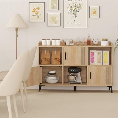 Storage Cabinet, Sideboard with 3 Doors, 3 Open Compartments, Bookcase with 5 Raised Metal Legs, Buffet Table, Bookshelf, Floor Cabinet for Living Room Display, Dining Room, Entryway, Oak
