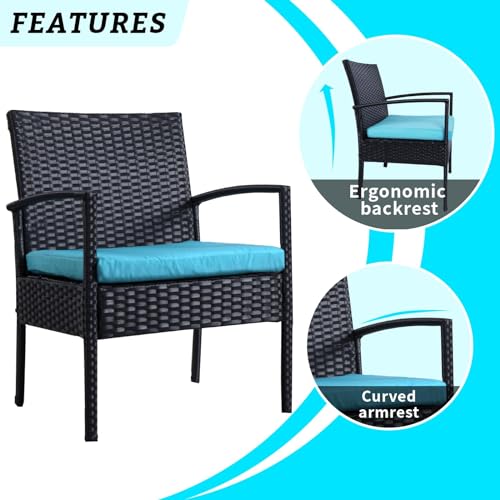 3 Pieces Outdoor Patio Furniture Set, Small Wicker Bistro Conversation Set for Porch and Balcony, All Weather PE Rattan Chairs with Table, Backyard Garden Furniture (Blue)