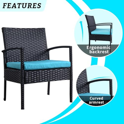 3 Pieces Outdoor Patio Furniture Set, Small Wicker Bistro Conversation Set for Porch and Balcony, All Weather PE Rattan Chairs with Table, Backyard Garden Furniture (Blue)