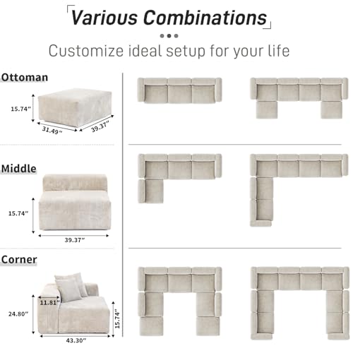 Cloud Couch Modular Sectional Sofa,141.73inch L Shaped Couch,Oversized Corduroy Couches with Ottoman and Pillows, Beige 4 Seaters Cushion Covers Removable& Washable