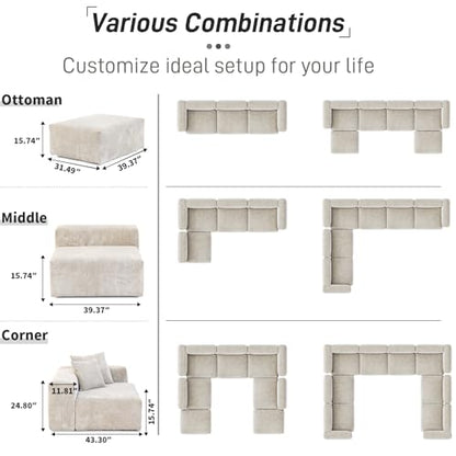 Cloud Couch Modular Sectional Sofa,141.73inch L Shaped Couch,Oversized Corduroy Couches with Ottoman and Pillows, Beige 4 Seaters Cushion Covers Removable& Washable