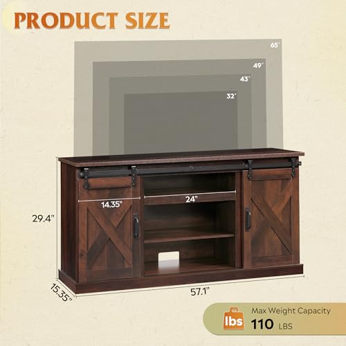 Farmhouse TV Stand for 65 Inch TV, Sliding Barn Doors, Brown, view 2