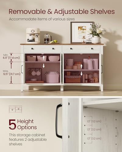 VASAGLE LIRY Collection - Buffet Cabinet, Coffee Bar Cabinet with 2 Drawers, Adjustable Shelves, Sideboard Storage with Cable Holes, Drawer Dividers, Rustic White and Honey Brown UBBK381W01