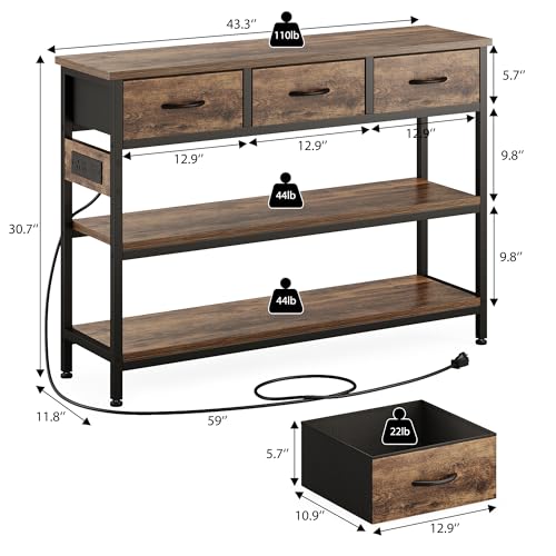Entryway Table with Outlets, 3 Fabric Drawers, 43 in Console Table | 43.3"W x 11.8"D entry table with 2 outlets, 2 USB ports, swappable plug side, adjustable feet and anti-tip kit.